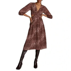 NWT Anthropologie Ranna Gill Cutout Animal Print Brown Midi Dress Size: Large